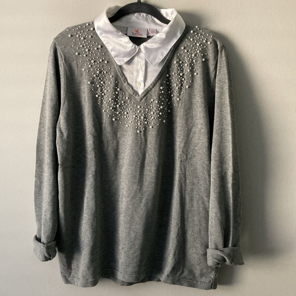 Quacker Factory Pullover Sweater with Faux Pearl Accents